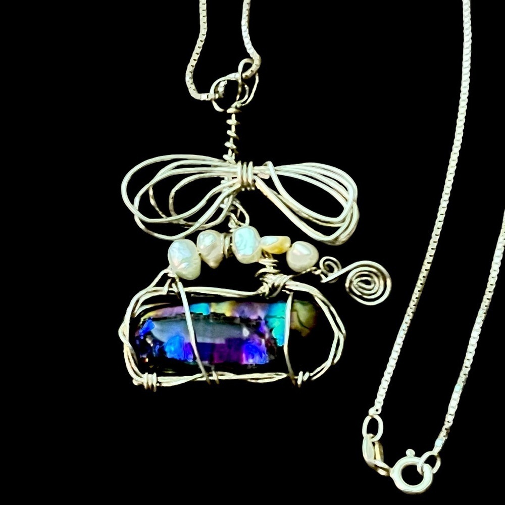 Artisan Rainbow Quartz Sterling Wrapped Pendant W/Seed Pearls And 925 Chain 18”